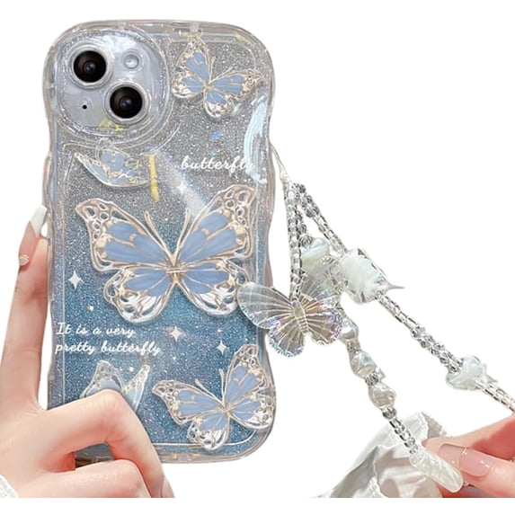 Compatible with iPhone Case,Glitter Gradient Butterfly Bracelet Curly Wave Water Ripple Shape Camera Lens Protection Clear Soft Shockproof Cover Phone Case (Blue,iPhone 12)