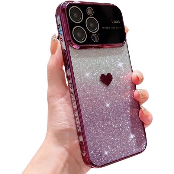 Compatible with iPhone Case,Glitter Gradient Electro Plated Heart Bumper [Large Viewport Design & Camera Lens Protection] Clear Soft Shockproof Cover Phone Case (Purple,iPhone 13 Pro)