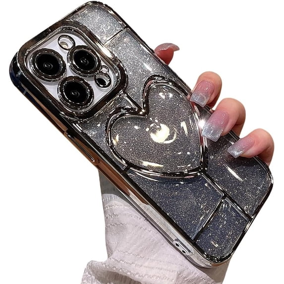 Compatible with iPhone Case,Glitter Gradient Heart Electro Plated Bumper Camera Lens Protection Clear Soft Shockproof Cover Phone Case (Silver,iPhone 15)