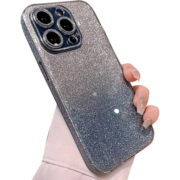 Compatible with iPhone Case,Glitter Hard Glass [Compatible with Wireless Charging] Camera Lens Protection Clear Soft Shockproof Cover Phone Case (Blue,iPhone 13 Pro)