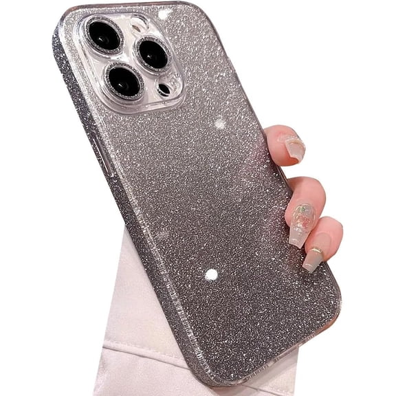Compatible with iPhone Case,Glitter Hard Glass [Compatible with Wireless Charging] Camera Lens Protection Clear Soft Shockproof Cover Phone Case (Silver,iPhone 12)
