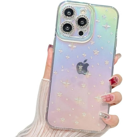Compatible with iPhone Case,Glitter Laser Holographic Gradient Star Diamond Camera Lens Protection Clear Soft Shockproof Cover Phone Case (Clear,iPhone 15 Pro)