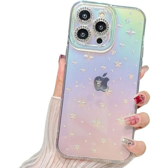Compatible with iPhone Case,Glitter Laser Holographic Gradient Star Diamond Camera Lens Protection Clear Soft Shockproof Cover Phone Case (Clear,iPhone 15 Pro)
