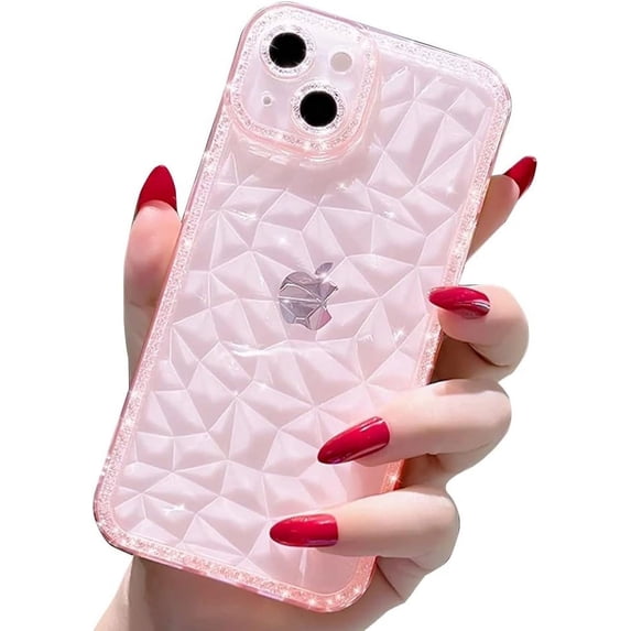 Compatible with iPhone Case,Glitter Sparkle Bling Crystal Clear Diamond Pattern Camera Lens Bumper Protection Transparent Soft Shockproof Cover Phone Case (Pink,iPhone 13 Pro)