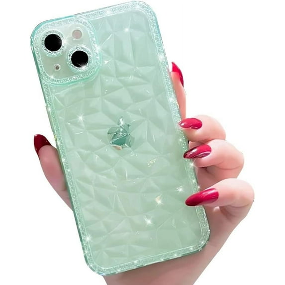 Compatible with iPhone Case,Glitter Sparkle Bling Crystal Clear Diamond Pattern Camera Lens Bumper Protection Transparent Soft Shockproof Cover Phone Case (Green,iPhone 14 Plus)