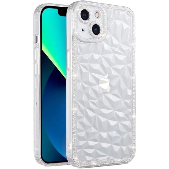 Compatible with iPhone Case,Glitter Sparkle Bling Crystal Clear Diamond Pattern Camera Lens Bumper Protection Transparent Soft Shockproof Cover Phone Case (White,iPhone 12)