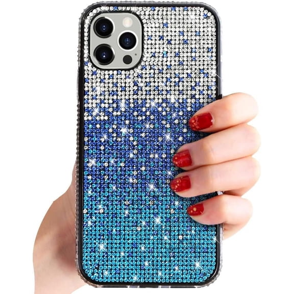 Compatible with iPhone Case,Gradient Color Crystal Glitter Diamond Bling Sparkle Rhinestone Full Body Protection Soft Shockproof Cover Phone Case (Blue,iPhone 12)