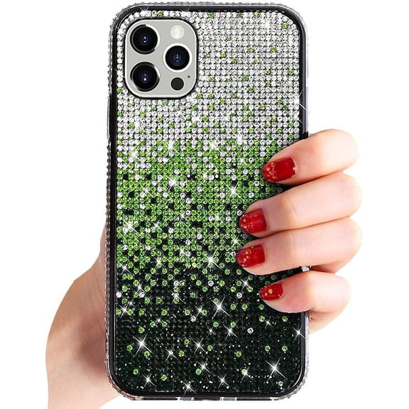 Compatible with iPhone Case,Gradient Color Crystal Glitter Diamond Bling Sparkle Rhinestone Full Body Protection Soft Shockproof Cover Phone Case (Green,iPhone 12)
