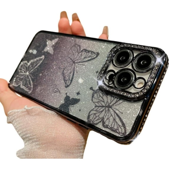 Compatible with iPhone Case,Gradient Glitter Diamond Butterfly Electro Plated Bumper Camera Lens Protection Clear Soft Shockproof Cover Phone Case (Black,iPhone 14 Pro)