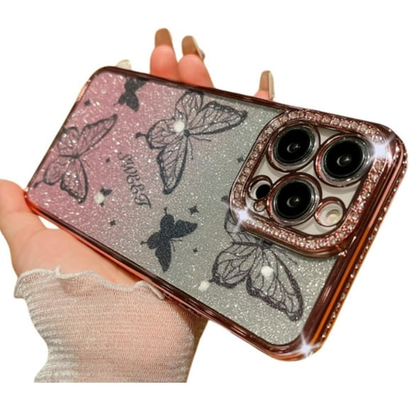 Compatible with iPhone Case,Gradient Glitter Diamond Butterfly Electro Plated Bumper Camera Lens Protection Clear Soft Shockproof Cover Phone Case (Pink,iiPhone 12 Pro)