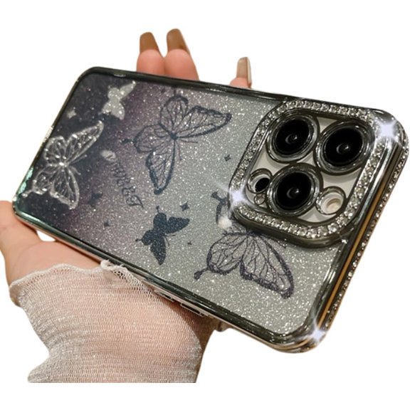 Compatible with iPhone Case,Gradient Glitter Diamond Butterfly Electro Plated Bumper Camera Lens Protection Clear Soft Shockproof Cover Phone Case (Silver,iPhone 12)