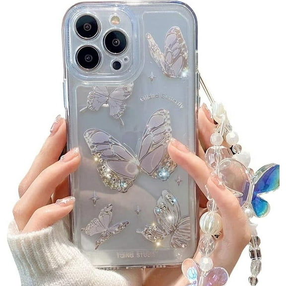 Compatible with iPhone Case,Luxury Crystal Clear Cute Bling Butterfly Wristband Strap Bracelet Chain Transparent Soft Shockproof Cover Phone Case (White,iPhone 13 Pro Max)