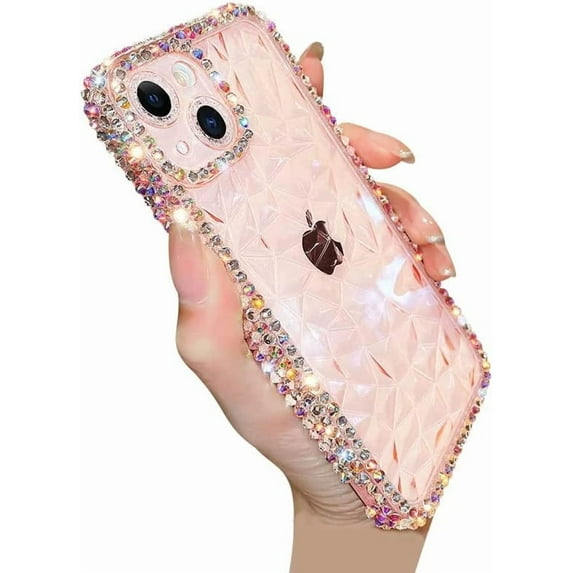 Compatible with iPhone Case,Luxury Crystal Glitter Bling Sparkly Diamond Pattern Camera Lens Protection Clear Soft Shockproof Cover Phone Case (Pink,iPhone 14 Plus)