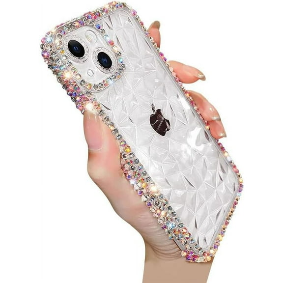Compatible with iPhone Case,Luxury Crystal Glitter Bling Sparkly Diamond Pattern Camera Lens Protection Clear Soft Shockproof Cover Phone Case (White,iPhone 12)