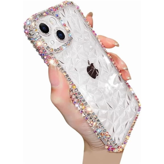 Compatible with iPhone Case,Luxury Crystal Glitter Bling Sparkly Diamond Pattern Camera Lens Protection Clear Soft Shockproof Cover Phone Case (White,iPhone 13)