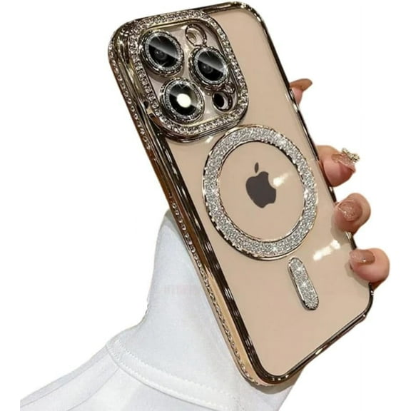Compatible with iPhone Case,Luxury Glitter Bling Sparkly[Compatible with Magsafe] Diamond ElectroPlated Soft Shockproof Cover Phone Case (Gold,iPhone 16 Pro Max)