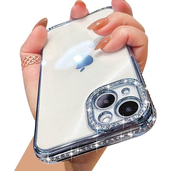 Compatible with iPhone Case,Luxury Glitter Bling Sparkly Diamond Electro Plated Frame Edge Border Full Body Protective Clear Soft Shockproof Cover Phone Case (Blue,iPhone 11)
