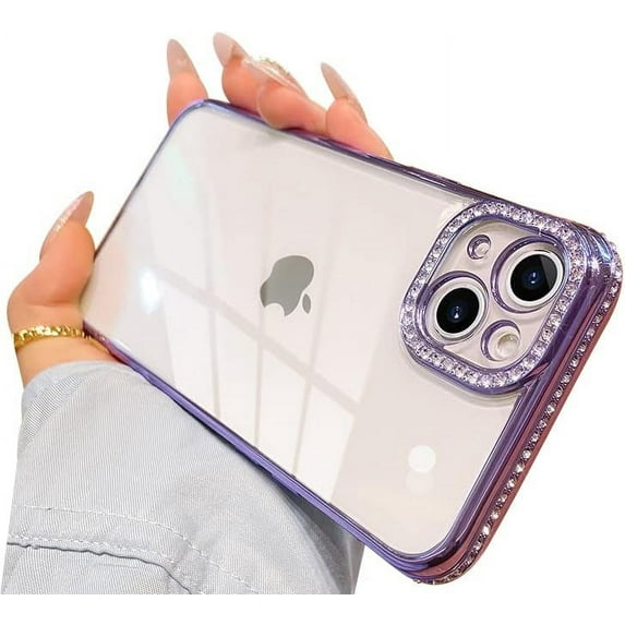 Compatible with iPhone Case,Luxury Glitter Bling Sparkly Diamond Electro Plated Frame Edge Border Full Body Protective Clear Soft Shockproof Cover Phone Case (Purple,iPhone 12 Pro)