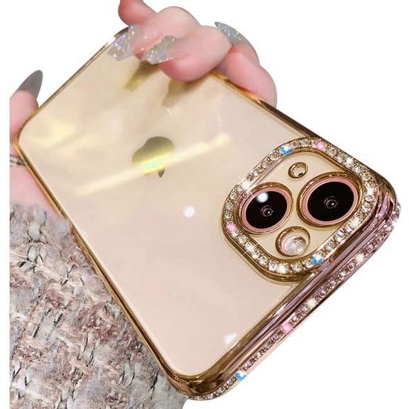 Compatible with iPhone Case,Luxury Glitter Bling Sparkly Diamond Electro Plated Frame Edge Border Full Body Protective Clear Soft Shockproof Cover Phone Case (Gold,iPhone 14 Pro)