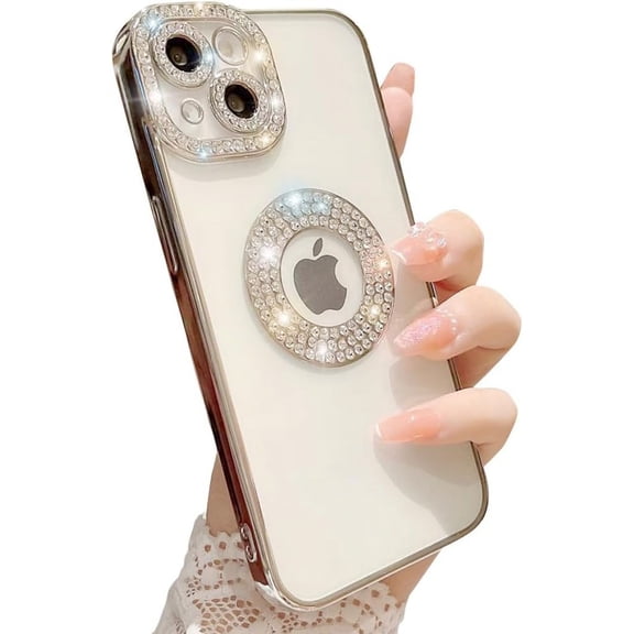 Compatible with iPhone Case,Luxury Glitter Bling Sparkly Diamond Rhinestone Bumper Camera Lens Protection Transparent Clear Soft Shockproof Cover Phone Case (Silver, iPhone 15 Pro Max)