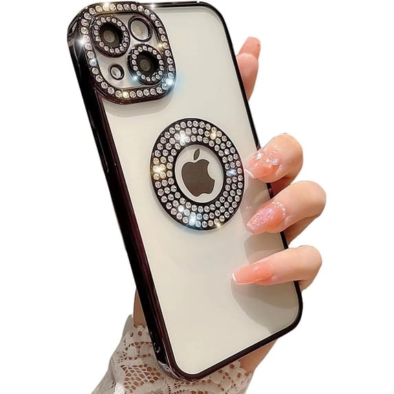 Compatible with iPhone Case,Luxury Glitter Bling Sparkly Diamond Rhinestone Bumper Camera Lens Protection Transparent Clear Soft Shockproof Cover Phone Case (Black, iPhone 15 Pro)