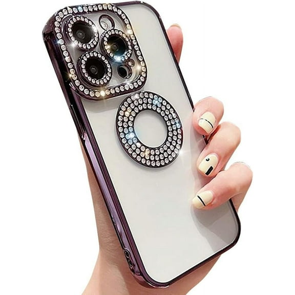 Compatible with iPhone Case,Luxury Glitter Bling Sparkly Diamond Rhinestone Bumper Camera Lens Protection Transparent Clear Soft Shockproof Cover Phone Case (Purple, iPhone 12)