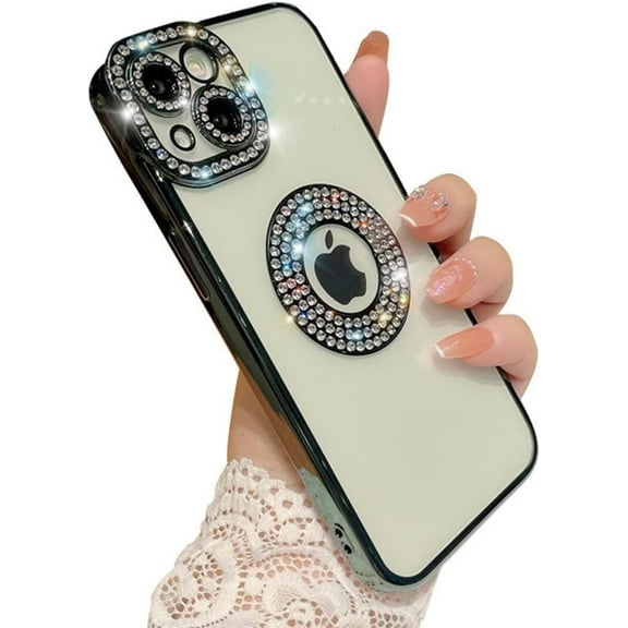 Compatible with iPhone Case,Luxury Glitter Bling Sparkly Diamond Rhinestone Bumper Camera Lens Protection Transparent Clear Soft Shockproof Cover Phone Case (Green, iPhone 14 Plus)