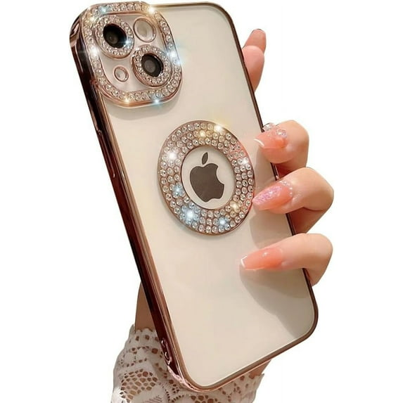Compatible with iPhone Case,Luxury Glitter Bling Sparkly Diamond Rhinestone Bumper Camera Lens Protection Transparent Clear Soft Shockproof Cover Phone Case (Rose Gold, iPhone 15 Pro)