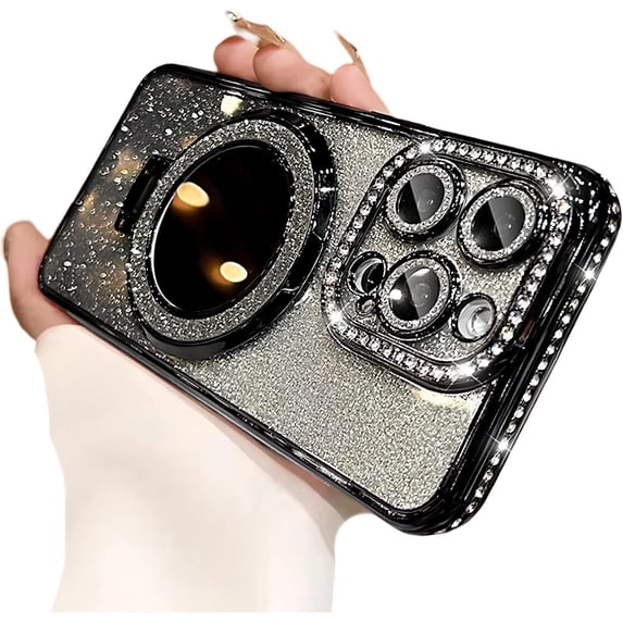 Compatible with iPhone Case,Luxury Glitter Diamond Ring Hold Stand&Make up Mirror Design Full Body Protection Soft Shockproof Cover Phone Case (Blue,iPhone 14 Pro Max)