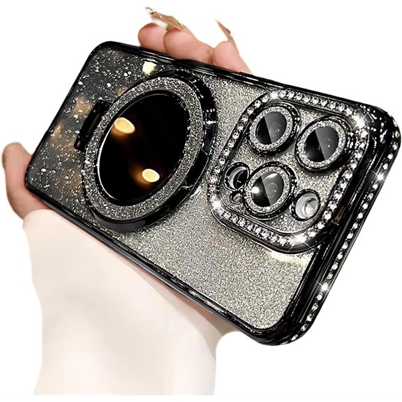 Compatible with iPhone Case,Luxury Glitter Diamond Ring Hold Stand&Make up Mirror Design Full Body Protection Soft Shockproof Cover Phone Case (Blue,iPhone 14 Pro Max)