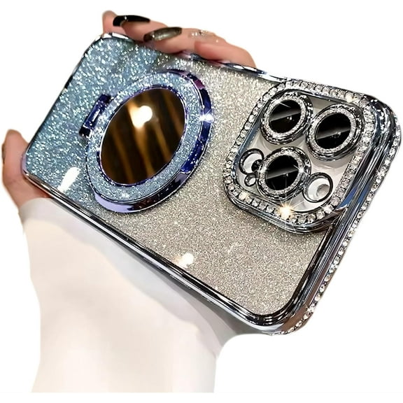Compatible with iPhone Case,Luxury Glitter Diamond Ring Hold Stand&Make up Mirror Design Full Body Protection Soft Shockproof Cover Phone Case (Blue,iPhone 14 Pro Max)