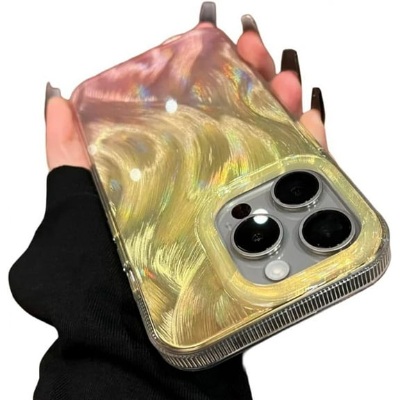 Compatible with iPhone Case,Luxury Laser Colorful Gradient Wavy Curly Water Ripple Pattern [ Drop&Full Body Protection] Shockproof Cover Phone Case (Gold,iPhone 14 Pro)