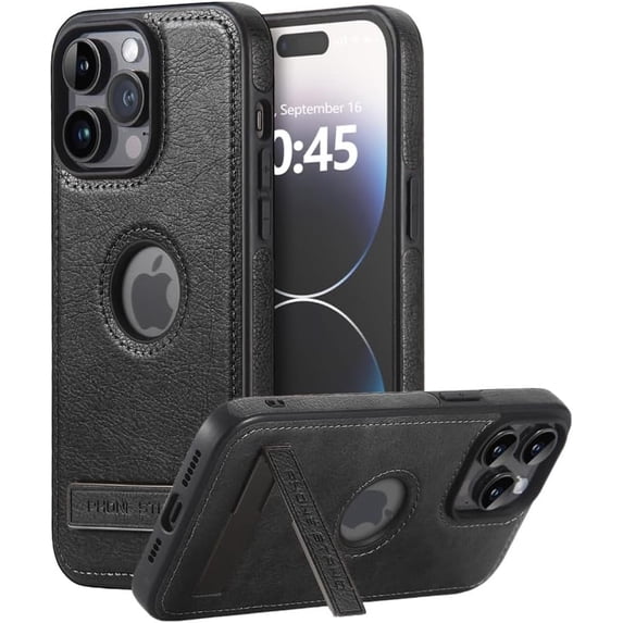 Compatible with iPhone Case,Luxury PU Leather Fold Bracket Stand Holder Design,Logo View Camera Lens Protection Soft Shockproof Cover Phone Case (Black,iPhone 15 Plus)