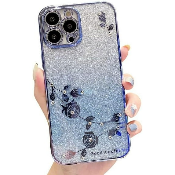 Compatible with iPhone Case,Luxury Shiny Glitter Bling Sparkly Crystal Rhinestone Diamond Flower Floral Electro Plated Edge Clear Soft Shockproof Cover Phone Case (Blue,iPhone 14 Pro)