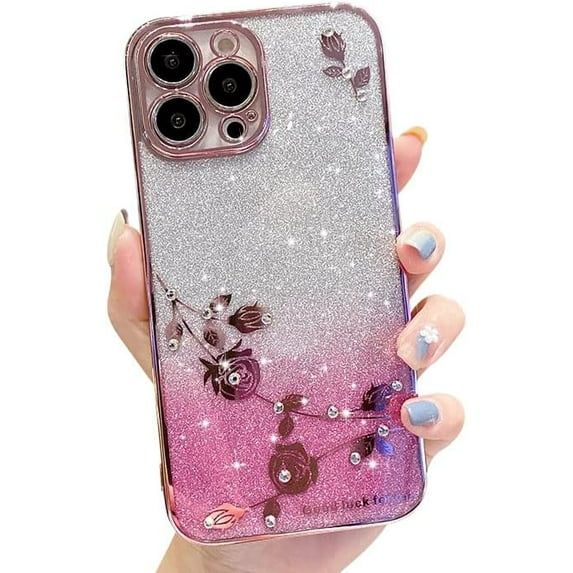 Compatible with iPhone Case,Luxury Shiny Glitter Bling Sparkly Crystal Rhinestone Diamond Flower Floral Electro Plated Edge Clear Soft Shockproof Cover Phone Case (Pink,iPhone Xs Max)