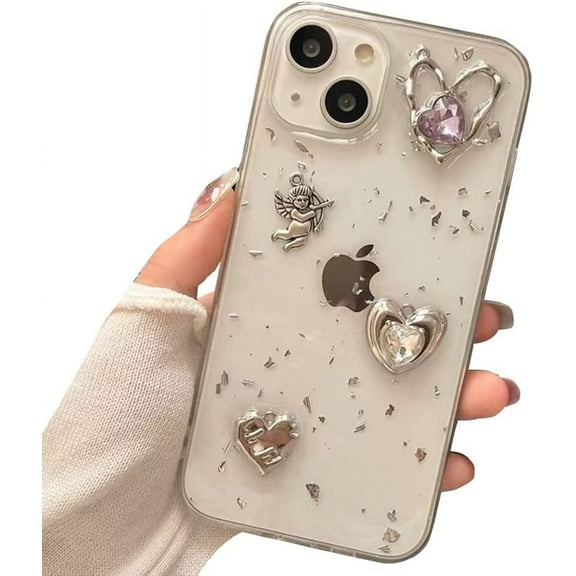 Compatible with iPhone Case,Retro Glitter Sparkle Bling Diamond Heart Silver Foil Bumper Protection Clear Soft Shockproof Cover Phone Case (Clear,iPhone 12)
