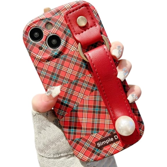 Compatible with iPhone Case,Splice Plaid Checkered Design Wristband [Compatible with Wireless Charging] Camera Lens Protection Soft Shockproof Cover Phone Case (Red,iPhone 11)