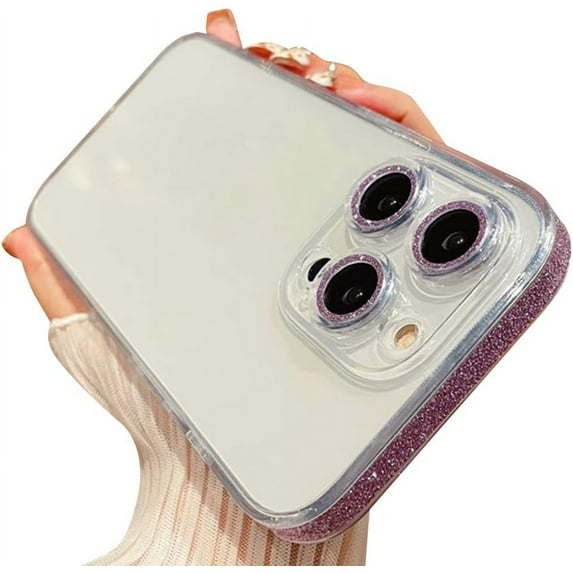 Compatible with iPhone Case,Transparent Glitter Sparkle Bling Camera Lens Bumper Protection Clear Soft Shockproof Cover Phone Case (Purple,iPhone 12 Pro Max)