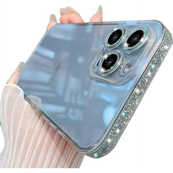 Compatible with iPhone Case,Transparent Glitter Sparkle Bling Camera Lens Bumper Protection Clear Soft Shockproof Cover Phone Case (Silver,iPhone 14 Pro Max)