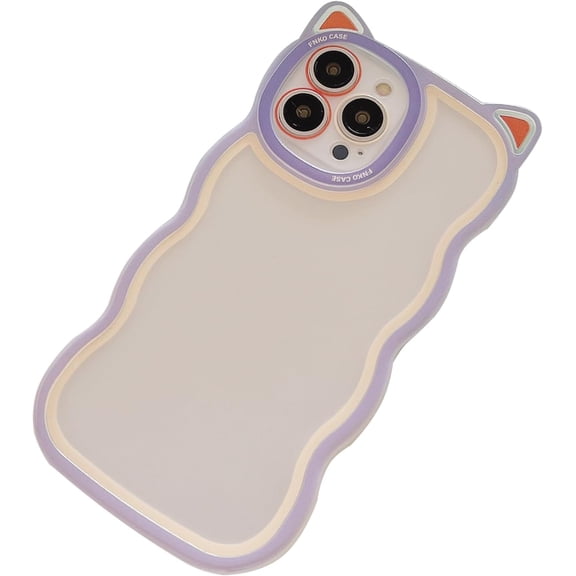 Compatible with iPhone Case for Women/Girls, Cute Candy Color 3D Cat Ears Curly Wave Anti-Scratch Shockproof Soft Phone Case for iPhone 14, Purple-Yellow