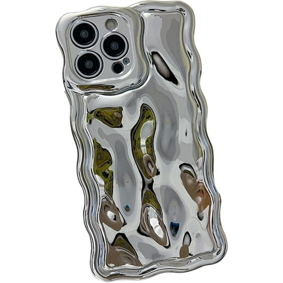 Compatible with iPhone Case for Women/Girls, Cute Electroplated Silver 3D Stone Curly Texture Ripple Wave Anti-Scratch Shockproof Fall Protection Phone Case for iPhone 13 Pro Max, Silver