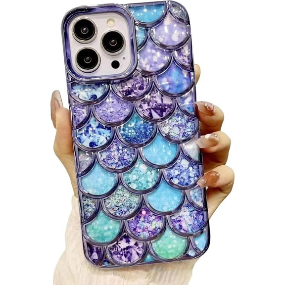 Compatible with iPhone Case for Women/Girls, Cute Luxury Electroplated Bling Glitter Crystal Fish Scale Plating Anti-Scratch Shockproof Phone Case for iPhone 12, Blue