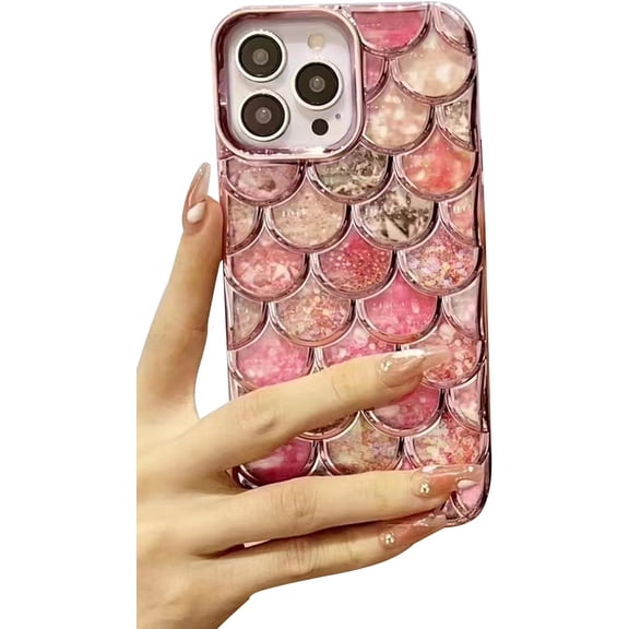 Compatible with iPhone Case for Women/Girls, Cute Luxury Electroplated Bling Glitter Crystal Fish Scale Plating Anti-Scratch Shockproof Phone Case for iPhone 13, Pink