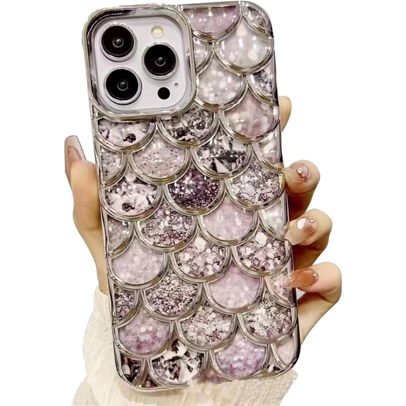 Compatible with iPhone Case for Women/Girls, Cute Luxury Electroplated Bling Glitter Crystal Fish Scale Plating Anti-Scratch Shockproof Phone Case for iPhone 13 Pro, Silver