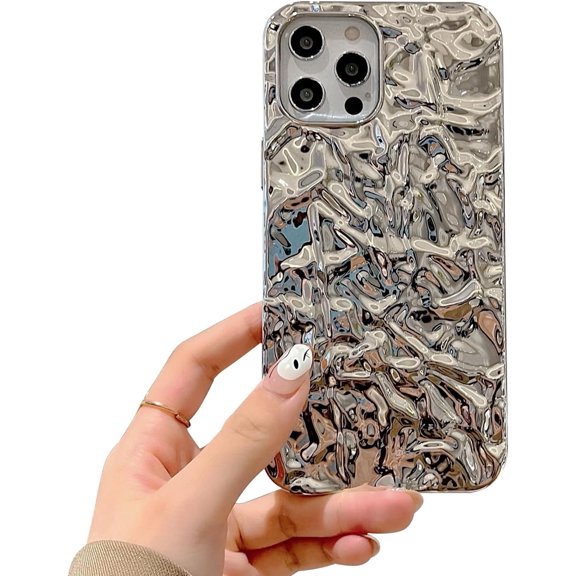 Compatible with iPhone Case for Women/Girls, Cute Plating Metal Color Silver Tin Foil Pleats Anti-Scratch Shockproof Soft Phone Case for iPhone 11 Pro, Silver