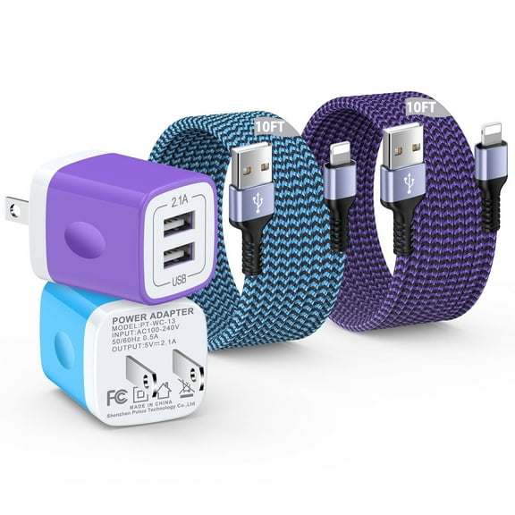 Compatible for iPhone Charger, 2 Pack 10FT USB Lighting Cable+Dual Port Wall Charger Block, USB Power Adapter Plug Fast Charging Station Power Base USB Brick Cube Box Compatible for iPhone, Mixed