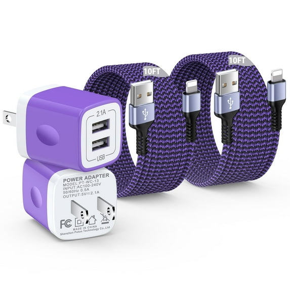 Compatible for iPhone Charger, 2 Pack 10FT USB Lighting Cable+Dual Port Wall Charger Block, USB Power Adapter Plug Fast Charging Station Power Base USB Brick Cube Box Compatible for iPhone, Purple