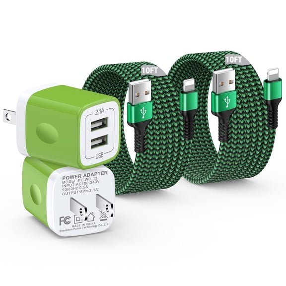 Compatible for iPhone Charger, 2 Pack 10FT USB Lighting Cable+Dual Port Wall Charger Block, USB Power Adapter Plug Fast Charging Station Power Base USB Brick Cube Box Compatible for iPhone, Green