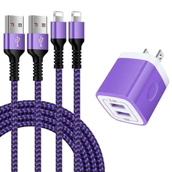 Compatible for iPhone Charger,2 Pack 6FT USB Charging Cable 2 Port Wall Charger Block,Fast Charging Braided Cord with USB Power Adapter Compatible for iPhone 14 13 12 11 Pro Max,iPad,AirPods(Purple)