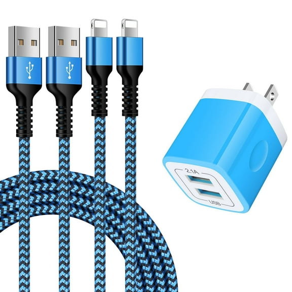 Compatible for iPhone Charger,2 Pack 6FT USB Charging Cable+2 Port Wall Charger Block,Fast Charging Braided Cord with USB Power Adapter Compatible for iPhone 14 13 12 11 Pro Max,iPad,AirPods(Blue)